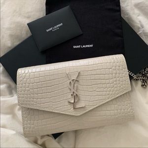 New YSL Uptown Chain Wallet in Croc-Embossed White Leather and Silver Hardware